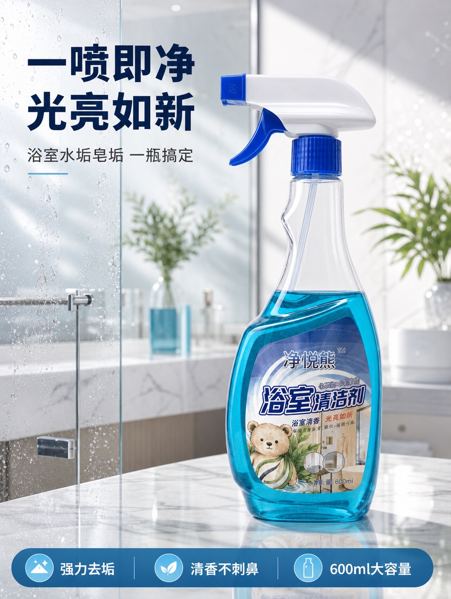 [商品] 使用【图1】净悦熊浴室清洁剂；保留透明瓶身、蓝色液体… - 图片创意预览