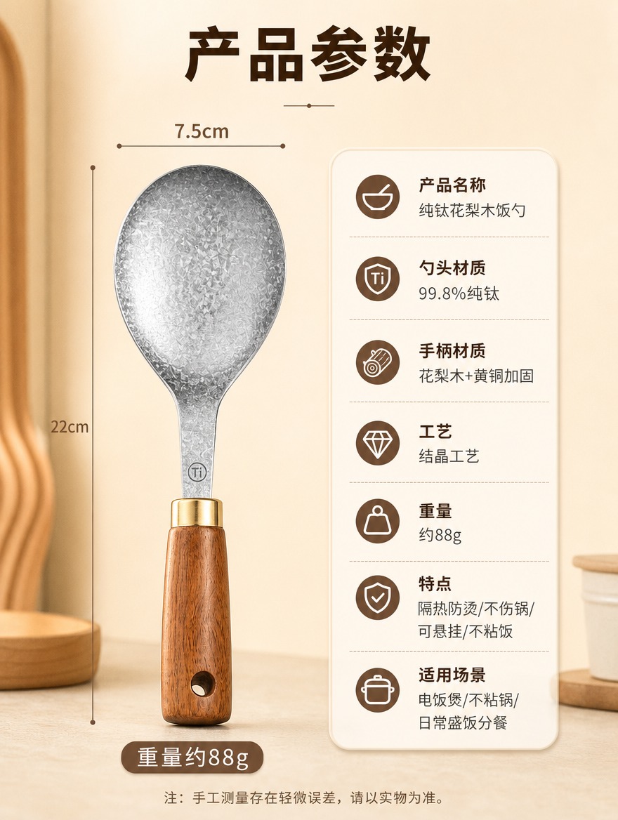 [商品] 使用【图1】花梨木纯钛饭勺尺寸图；保留钛勺头结晶纹理… - 图片创意预览