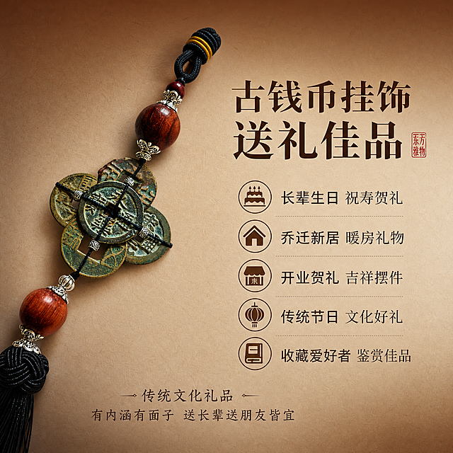 淘宝天猫电商主图，1:1正方形，高级渐变背景（上深棕下浅米棕渐变），背景带细腻纸质感纹理，高级质感风格。画面主体是古钱币挂饰，产品居中偏左展示，右侧留白放文字，产品外观原样不修改。标题："古钱币挂饰 送礼佳品"。配5个卖点图标+文字：1. 生日礼图标+"长辈生日 祝寿贺礼" 2. 乔迁礼图标+"乔迁新居 暖房礼物" 3. 开业礼图标+"开业贺礼 吉祥摆件" 4. 节日礼图标+"传统节日 文化好礼" 5. 收藏礼图标+"收藏爱好者 鉴赏佳品"。底部说明："传统文化礼品 有内涵有面子 送长辈送朋友皆宜"。整体风格高级典雅，符合天猫规范。