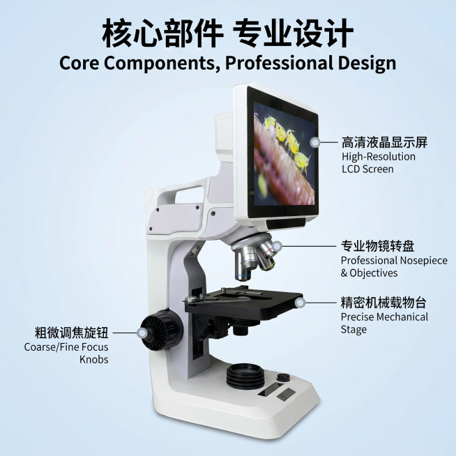 [主图 2] 数码液晶显微镜核心功能亮点展示。[氛围风格] 专业科技清晰直观风。[画质] 商业摄影质感、光线柔和通透、产品清晰真实、画面干净高级。[元素] 原显微镜产品居中放置，产品主体占比约60%。预览效果