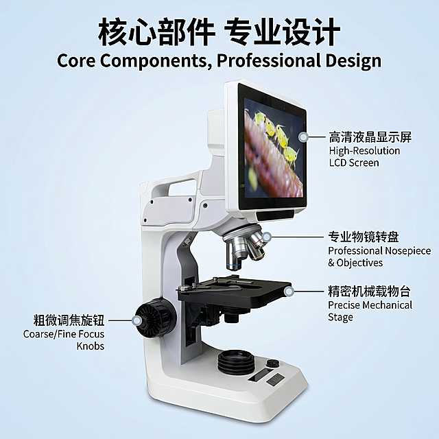 [主图 2] 数码液晶显微镜核心功能亮点展示。[氛围风格] 专业科技清晰直观风。[画质] 商业摄影质感、光线柔和通透、产品清晰真实、画面干净高级。[元素] 原显微镜产品居中放置，产品主体占比约60%。保持显微镜外观结构材质颜色与原产品图完全一致，杜绝任何变形色差，精细化处理。以产品为中心，用极细黑色引线连接各个核心部件：显示屏、物镜转盘、载物台、调焦旋钮，每个引线末端对应文字说明，浅灰色小圆点做定位。干净浅蓝渐变背景，简洁干净。画面满铺无边框。[光影] 正面布光均匀柔和，整体亮度一致，每个部件清晰可见，没有硬阴影，产品立体感自然。[配色] 主色浅蓝渐变背景，产品白灰机身，黑色引线深灰文字，对比清晰。[视角构图] 平视正前方拍摄，完整展示产品全貌，中心构图主体突出。[文字版式] 顶部居中主标题【核心部件 专业设计】黑色粗体大号，每个引线旁文字说明左对齐，小字号黑色，文字不遮挡产品主体。[比例分辨率] 1:1比例，2k分辨率，文字清晰锐利，画面超高清。[负向提示词] 变形，水印，文字错乱，产品模糊，背景杂乱，遮挡主体，引线交错。