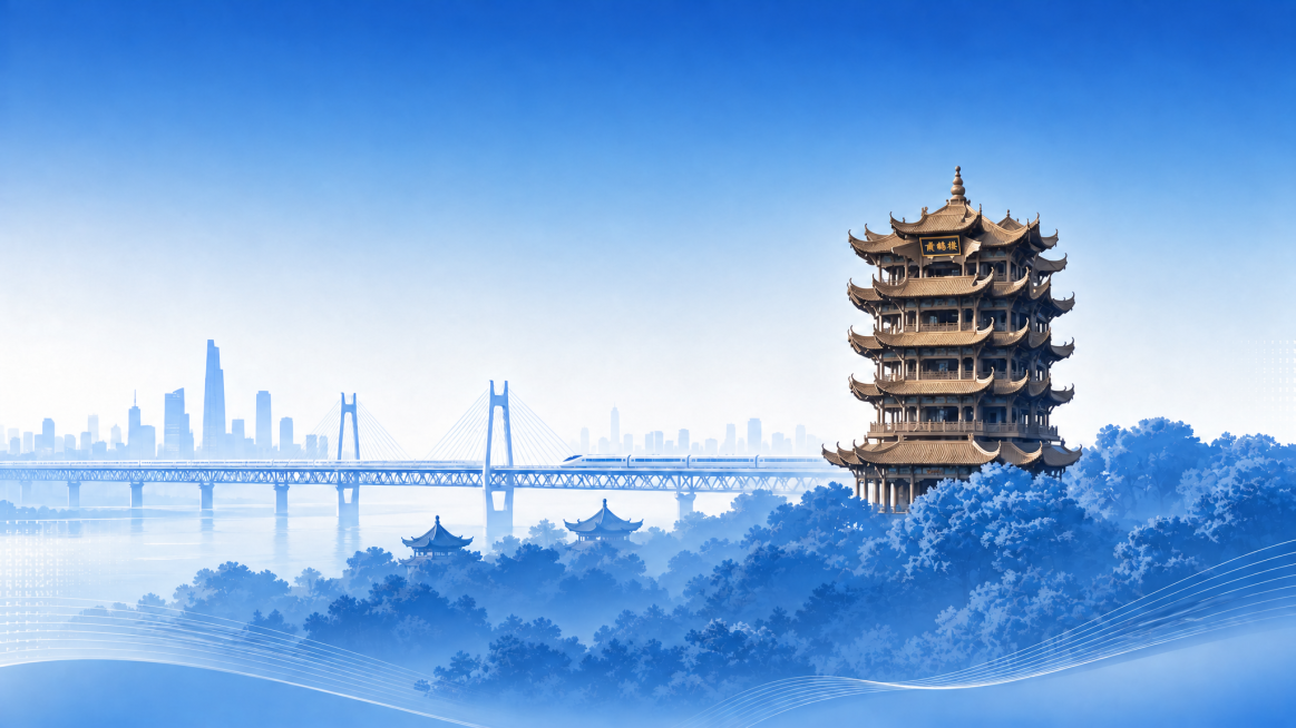 将黄鹤楼的颜色修改回原图原本的棕黄色木质色调，保留已添加的长江大桥和高铁元素，保持蓝色简约商务风格不变预览效果