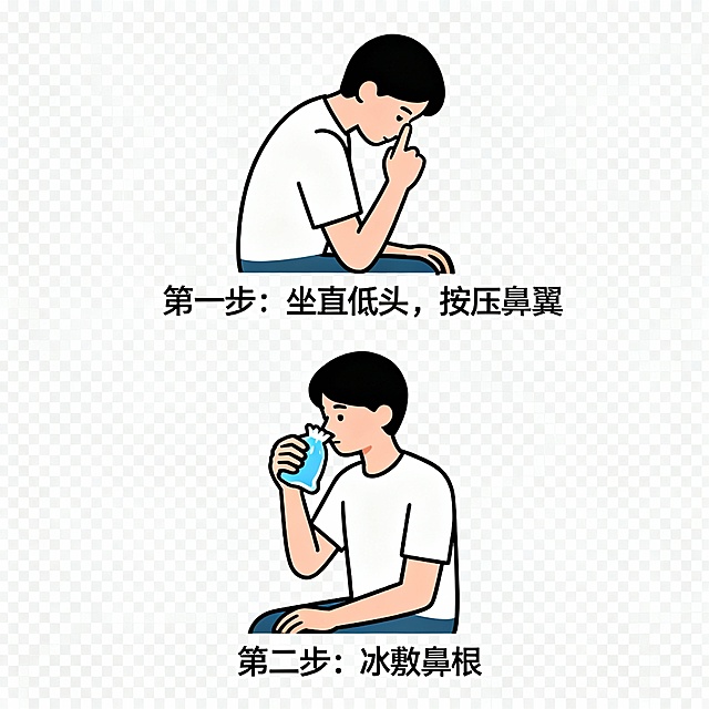 一到冬天，天干物燥，社区里流鼻血的街坊就变多了--要么鼻涕里带点血丝，要么鼻子突然滴两滴，偶尔还会哗哗流。遇到这种情况，大家的“急救操作”五花八门：仰头、塞卫生纸、冰敷额头、冷水拍后脑勺……
但医生要严肃提醒：这些做法全错了！不仅止不住血，还可能帮倒忙：
1.仰头会让血液倒流进咽喉、气管甚至胃里，容易呛咳、恶心呕吐，严重还可能误吸；
2.塞粗糙的卫生纸会摩擦损伤鼻腔黏膜，往外拽的时候还会带掉刚结的血痂，越流越多（如果实在要临时填塞，比如出血量大赶去医院的路上，只能用干净、柔软、湿润的棉球或纱布，轻轻塞在前鼻孔，千万别往深处塞，到医院赶紧取出来）；
3.冰块直接贴皮肤会冻伤，凉水拍后颈不仅止血效果差，还容易着凉，不如敷前额鼻根管用。
一、正确止血：记住“一坐二压三冰”，简单又有效
1.坐直低头！（最关键）
立刻坐下或站立，身体微微前倾，头自然低下 —— 这样能让流出的血直接从鼻孔流出来，避免倒流进喉咙。
2.用力按压！（止血核心）
先把手洗干净，用拇指和食指，紧紧捏住鼻翼两侧（就是鼻子的软骨部分，大概在鼻孔上方1-1.5厘米处），朝着中间的鼻中隔方向持续用力按。
力度要够：能感觉到明显的压迫感，才能压住出血点；
时间要够：必须连续按10-15分钟！期间千万别松手检查有没有止血，哪怕摸到血块也得坚持，频繁松手会破坏刚形成的血凝块，越止越难。小朋友可以让家长帮忙操作。
3.辅助冰敷！（收缩血管）
捏鼻子的同时，用冰袋，或者用毛巾裹着冰块、冷饮瓶，敷在前额、鼻根部，或者颈部两侧（大血管经过的地方），能帮助血管收缩，加快止血。
二、止血后注意：这几件事千万别做
止血后的几小时内，别抠鼻子、别用力擤鼻涕，也别喝热水、吃热饭，避免剧烈运动——这些行为都可能让刚愈合的血管再次破裂出血。
如果止血时血液流进了喉咙，尽量轻轻咳出来或吐出来，这样能看清出血量多少。
三、出现这些情况，赶紧去医院！
大部分鼻出血自己能止住，但遇到以下情况，别硬扛，尽快去耳鼻喉科就诊：
1.按正确方法压了20-30分钟，血还是止不住；
2.出血量特别大，还出现头晕、眼花、脸色苍白、心慌、没力气等情况；
3.外伤导致的流鼻血，尤其是鼻子变形、视力模糊的时候；
4.反复流鼻血，而且没找到明确原因；
5.除了流鼻血，还伴有牙龈出血、皮肤青一块紫一块；
6.正在吃抗凝药，或者本身有出血性疾病。
四、日常预防：比止血更重要，做好这几点少流血
1.保持鼻腔湿润：干燥季节或开空调的房间里，用加湿器；睡前可以用生理盐水喷鼻剂，或者往鼻前庭涂一点凡士林、红霉素软膏，滋润鼻腔黏膜；
2.改掉坏习惯：别用力抠鼻子、擤鼻涕！小朋友爱抠鼻子的，要及时纠正，勤剪指甲；鼻腔里有干痂的话，先用水或盐水湿润，再轻轻擤出来，擤鼻涕要单侧轮流来，别太用力；
3.饮食要合理：多喝温水，多吃富含维生素 C 的水果蔬菜，能增强血管弹性；
4.控制基础病：高血压患者要规律吃药，把血压控制好；
5.远离过敏原：过敏体质的街坊，要避开过敏原，积极治疗过敏，减少鼻腔刺激。

冬天流鼻血大多是干燥刺激引起的，只要掌握正确的止血方法，做好日常预防，就能少遭罪。如果遇到自己处理不了的情况，别犹豫，及时找耳鼻喉科医生帮忙～祝大家和家人鼻腔健康，呼吸顺畅！
请分别为每一段生成配图，简洁插画风，不要拼图、不要配字，直接生成多张图片，背景色是透明或者蓝色