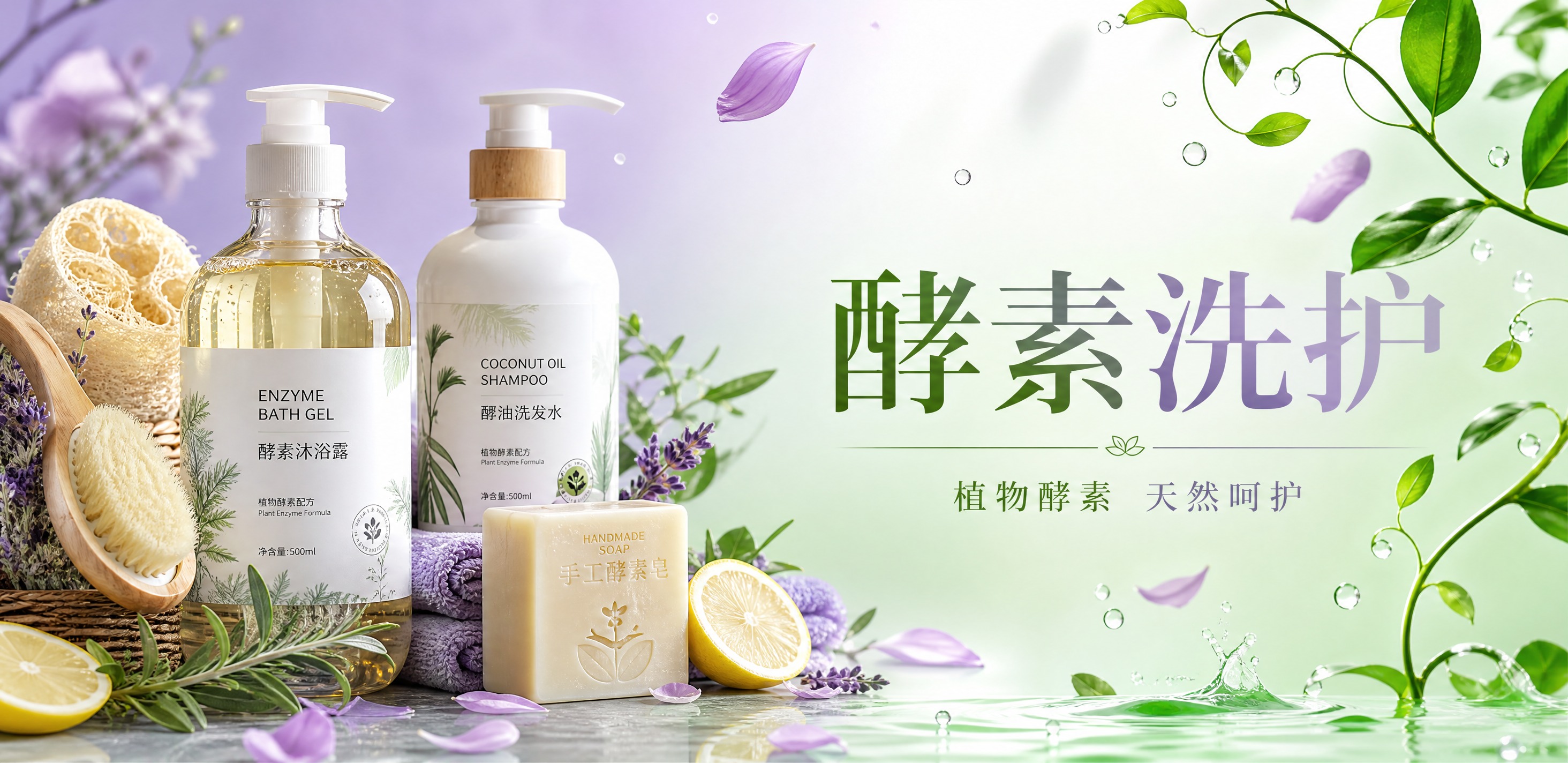 清新环保生态风格分类导航海报，横版构图。画面左侧为酵素洗护产品… - 图片创意预览