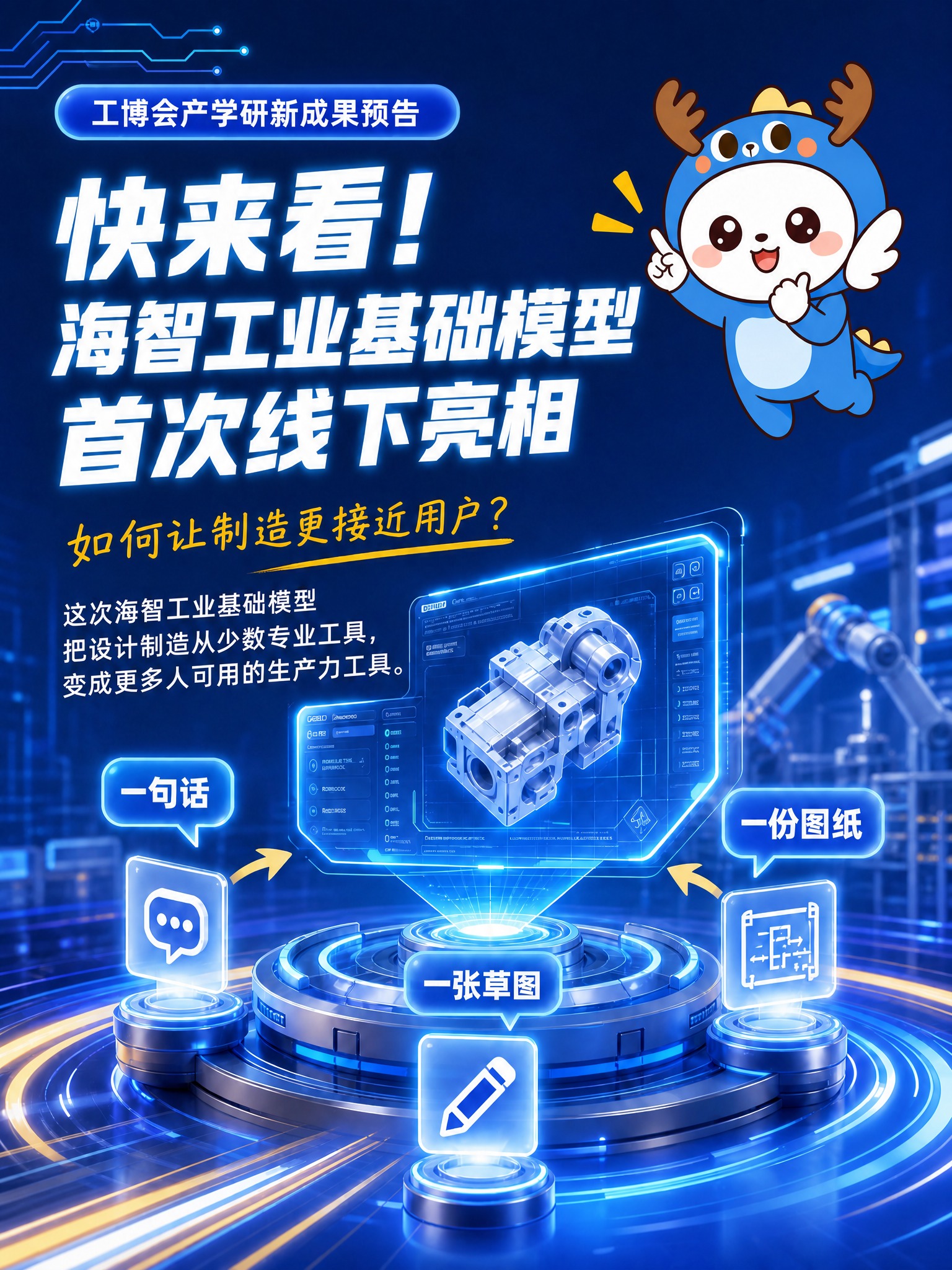 保持整张海报的背景、机械臂3D场景、文案内容、信息卡片、二维码… - 图片创意预览