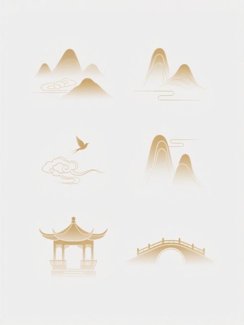 中国传统水墨风格插画，6个不同样式的国风元素整齐排列于纯白色背景上，元素采用统一的淡金色渐变色调，线条流畅简约，呈现出如远山、祥云、飞鸟、亭台、拱桥等典型东方意象，整体画面空灵雅致，具有浓厚的古典韵味和现代设计感，构图平衡对称，元素间距均匀，视觉层次清晰，营造出宁静悠远的东方美学氛围。预览效果