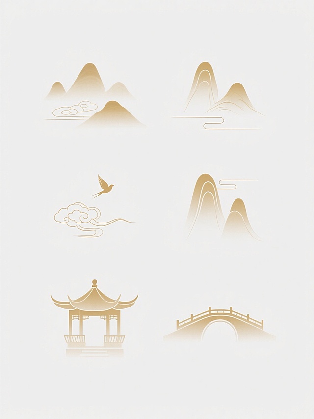 中国传统水墨风格插画，6个不同样式的国风元素整齐排列于纯白色背景上，元素采用统一的淡金色渐变色调，线条流畅简约，呈现出如远山、祥云、飞鸟、亭台、拱桥等典型东方意象，整体画面空灵雅致，具有浓厚的古典韵味和现代设计感，构图平衡对称，元素间距均匀，视觉层次清晰，营造出宁静悠远的东方美学氛围。