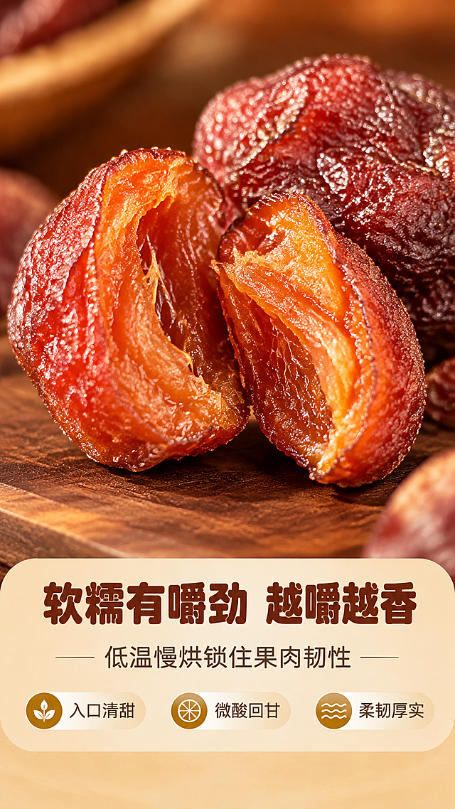 [商品] 使用【图1】布朗李干（红李蜜饯果干）；保留李干深红到橙红渐变的琥珀色泽、表面细密糖霜与润泽油光、形态饱满肉质厚实的外观特征；商品处理：选取1-2颗被掰开/切开的李干展示剖面果肉层次，增强果肉软糯厚实的质感与纤维纹理，不改变果干真实颜色与材质。
[画面] 目标为口感质地特写页，突出软糯有嚼劲、肉质厚实、酸甜层次；上图下文构图，上方约65%为质地微距特写区，下方约35%为文案区；产品占画面约70%，主体为一颗掰开的布朗李干微距特写，清晰展示内部厚实果肉、半干软糯的质感与细腻纤维，旁边放1-2颗完整李干做对比，前景有蜜糖光泽的高光点缀；背景为虚化的暖调深棕色，突出主体；整体为微距美食摄影，光线柔和，强调果肉的润泽与厚实感。
[视觉] 套系策略：风格=暖调食欲感零食美食摄影风；标题字=圆润粗黑体，厚重饱满有食欲；正文字=简洁无衬线中黑体；主色=红琥珀色（深枣红到橙红渐变）；背景延展=基于暖木色、米杏色做深浅层级、同色渐变和细腻木纹/纸张质感；强调色=蜜糖金，仅用于小面积图标、引线、标签和高光点缀；标题色=深枣红；正文色=暖棕灰；组件=圆角浅米色信息卡、细线引线、圆形小图标；光影=左前侧暖柔光，侧逆光勾勒糖霜与果肉剖面轮廓。
[文字] 下方居中主标题「软糯有嚼劲 越嚼越香」（8字），副标题「低温慢烘锁住果肉韧性」，配3个口感短句：①入口清甜 ②微酸回甘 ③柔韧厚实；文字区用浅米色圆角卡片承载，所有文字横向排版，字号保证手机端清晰可读。
[规格] 图片比例9:16竖版，分辨率4K，负向提示：避免变形、错字、文字过小、冷蓝/蓝灰背景、果干过硬/过干失真、塑料感、绝对化用语、水印、二维码。