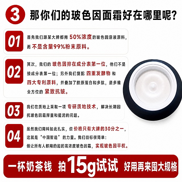 [商品] 使用【图1】的文字版式作为左侧内容，使用【图2】实拍的开盖面霜产品图替换右侧产品。【图2】的膏体必须100%保留原貌：慕斯质地、中间小尖顶、光滑细腻的表面纹理、圆形俯视角度、黑色盖子、白色内圈，绝对不能改变膏体形状、纹理和形态，只做抠图去除大理石背景、精修提亮、去除杂点，让产品干净通透有质感。
[画面] 页面目标：800x800正方形，左文右图，文字内容与【图1】完全一致，产品用【图2】实拍图（膏体原样保留不改动）。构图：左侧约60%放编号3的问题和四个编号卖点，右侧约40%放精修后的实拍面霜产品图（俯视角度，慕斯膏体原样保留）。底部红色促单条。整体干净专业。
[视觉] 套系策略：风格=极简干净专业美妆卖点海报；标题字=现代粗黑体；正文字=清晰无衬线粗体；主色=纯白；背景延展=纯净白色底；强调色=正红色；标题色=纯黑；正文色=深黑灰；组件=红色方形编号块；光影=产品保留原光影，只提亮通透，不改变形态。
[文字] 与【图1】完全一致：顶部编号3大标题、四个编号卖点（01/02/03/04）、关键词红色高亮、底部促单条「一杯奶茶钱 拍15g试试 好用再来囤大规格」。所有文字横排，清晰锐利。
[规格] 图片尺寸800x800正方形，4K分辨率，膏体严格保留【图2】实拍原貌绝不改动，产品只抠图精修不改变形态，文字清晰，避免膏体变形、纹理改变、产品失真。