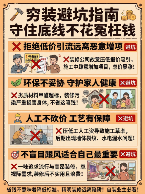 穷装避坑指南主题海报，警示实用风格，浅橙色背景搭配深色警示文字。主标题："穷装避坑指南，守住底线不花冤枉钱"，分四大避坑要点：❌拒绝低价引流远离恶意增项，🌿环保不妥协守护家人健康，👷人工不砍价工艺预览效果