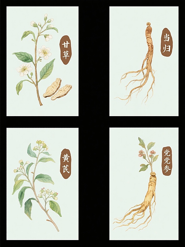 四个传统中草药水彩插画系列，每个独立元素包含完整植物枝干、叶片、花朵和药用部分，右侧搭配对应药材名称的棕色书法文字标签，分别展示甘草、当归、黄芪、党参四种不同药材，整体采用清新水彩风格，色彩明快，线条流畅，植物形态写实且细节丰富，每个元素置于纯色背景上，四个元素呈田字格规整排布，保持统一的构图比例与视觉风格。