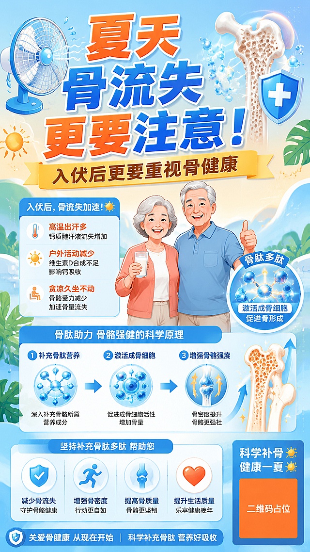 8K高清，卡通扁平医用商用科普海报，竖版适合中老年骨骼健康产品宣传。整体马卡龙浅蓝清新配色，明亮清爽天蓝渐变叠加夏日浅橙渐变背景，象征入伏节气，清新绿植点缀在边角装饰，现代生物医药风格。顶部放置超大醒目立体卡通艺术字，文字内容为"夏天骨流失更要注意！"，字体采用橙红色加深蓝色粗体字。左上角绘制卡通扇子流汗元素，右上角绘制镂空骨骼搭配十字医疗盾牌元素，细碎发光的骨肽多肽分子环绕骨骼。中部黄色横幅，横幅文字内容为"入伏后更要重视骨健康"。添加极简几何热浪线条表现夏日氛围，整体使用卡通圆润造型，无尖锐线条。突出夏季伏期骨流失加剧，补充骨肽促进成骨细胞活性主题，全程不包含艾草、艾灸、三伏贴、中药材、老中医、经络穴位、古风国风元素。画面为柔和明亮漫射光，治愈温和视觉感受，构图饱满信息分层清晰，无水印无多余杂物，CMYK印刷色域。画面中所有二维码区域使用纯色方块占位符呈现，方块中央标注"二维码占位"文字，严禁生成任何可识别的二维码图案。画面中所有数字必须精确渲染，不得错位、遗漏或编造。版式精美。