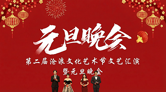 做一张元旦晚会的横版海报，小文案是：第二届沧浪文化艺术节文艺汇演暨元旦晚会，红色背景