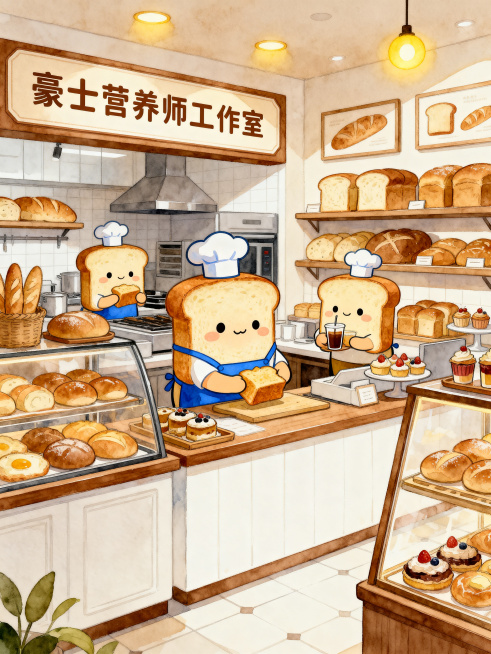 治愈系暖色调手绘插画，现代化面包店，面包店招牌写着"豪士营养师工作室"。室内场景，圆滚滚的拟人化四方形面包片穿着蓝色围裙和厨师帽，在柜台后忙碌制作面包，有的拿着面包、有的端着饮品，货架和展示柜里摆满各预览效果
