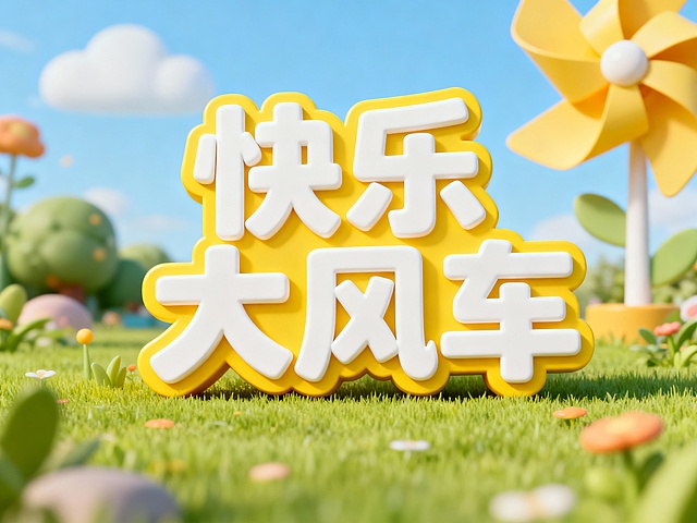 软3D风格的“快乐大风车”字体设计，搭配卡通风车与梦幻草坪，清新可爱，充满童趣与节日氛围。