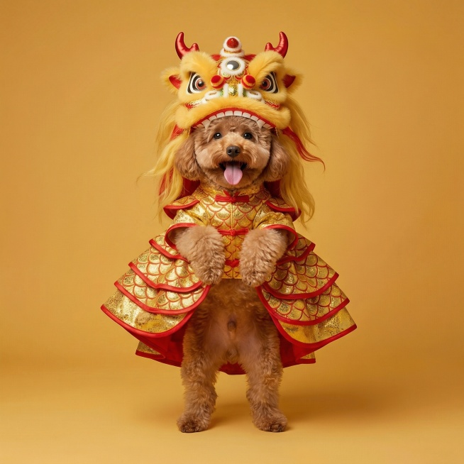 一只柯基犬穿着金黄色加红色镶边的宠物舞狮服，在纯白色背景下开心奔跑，吐舌微笑，服装的狮头造型和波浪纹裙摆清晰可见，画面清晰明亮，突出服装整体版型。
俯视角度拍摄：穿着舞狮服的猫咪趴在红色新年地毯上，狮预览效果