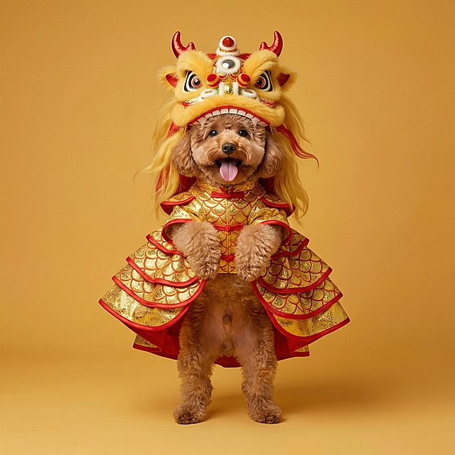 一只柯基犬穿着金黄色加红色镶边的宠物舞狮服，在纯白色背景下开心奔跑，吐舌微笑，服装的狮头造型和波浪纹裙摆清晰可见，画面清晰明亮，突出服装整体版型。
俯视角度拍摄：穿着舞狮服的猫咪趴在红色新年地毯上，狮头帽端正戴在头上，服装的金色绒毛质感和红色装饰细节清晰，背景简洁干净，突出产品萌趣感。
正面平视：穿着舞狮服的中小型犬（如泰迪）站立在纯色背景前，服装的立体狮头造型和蓬松裙摆完整展示，表情活泼，营造喜庆氛围。
🎬 场景图提示词
新年家庭场景：穿着舞狮服的狗狗在贴有春联、福字的客厅里，周围摆放着年货和红灯笼，主人伸手互动，营造热闹温馨的春节氛围。
户外街拍场景：穿着舞狮服的柯基在挂满红灯笼的古巷里散步，路人投来微笑目光，背景是古色古香的中式建筑，突出服装的节日吸睛效果。
宠物聚会场景：多只猫狗穿着同款不同尺寸的舞狮服，围坐在红色新年主题的野餐垫上，周围散落着鞭炮造型玩具和红包，展现服装的猫狗通用性和节日氛围感。
拜年互动场景：穿着舞狮服的狗狗蹲坐在长辈脚边，长辈手持红包准备投喂，背景是中式实木家具和新春插花，传递春节拜年的喜庆感。
🔍 详情图提示词
材质细节：特写舞狮服的金色绒毛面料，展示加厚保暖的质感，红色镶边的缝线细节清晰，旁边放着一个软尺，体现服装的厚实做工。
版型细节：平铺展示舞狮服，标注领口魔术贴、裙摆松紧带、四肢开口的设计，旁边搭配一只狗狗模特的上身效果小图，突出服装的易穿脱和贴合性。
尺寸对比：不同尺码的舞狮服整齐排列，旁边放着对应体型的猫狗剪影（如吉娃娃、英短、柯基），清晰展示尺码适配范围。
动态细节：穿着舞狮服的狗狗在草地上小跑，抓拍裙摆随动作摆动的效果，展示服装的灵活性和不束缚特点。