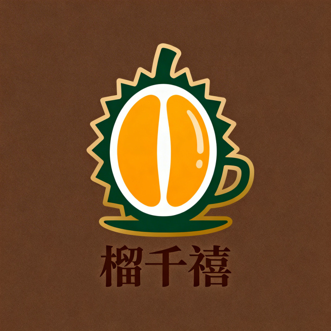 设计高端饮品品牌"榴千禧"的logo，融合猫山王榴莲元素和咖啡元素。主色调使用深棕色咖啡色作为背景和文字主色，橙黄色蜂蜜色体现榴莲果肉，辅助色使用深绿色勾勒轮廓增添自然感，金色浅棕色做边框高光提升高级预览效果