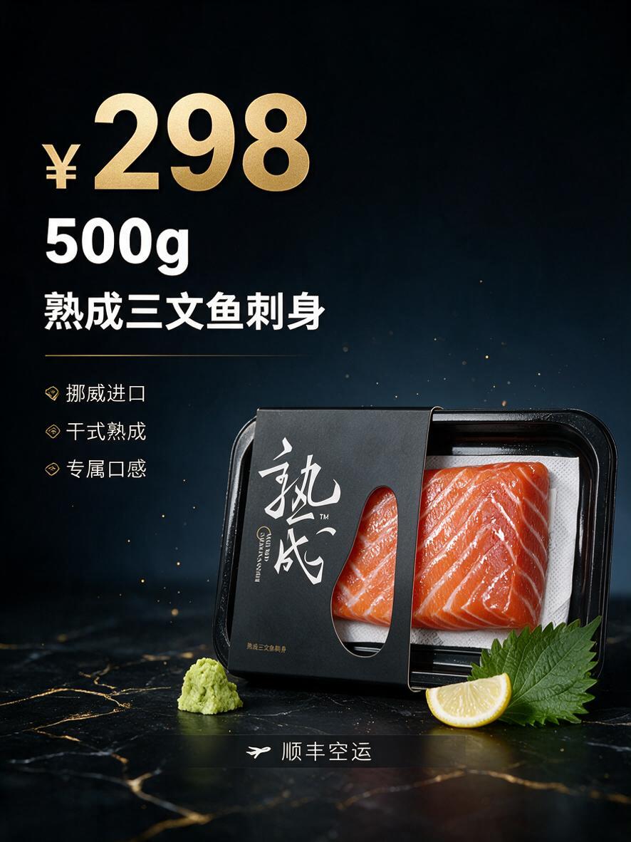 黑金高级日料风格，左文右品标签参数型版式，朋友圈3:4竖版。… - 图片创意预览