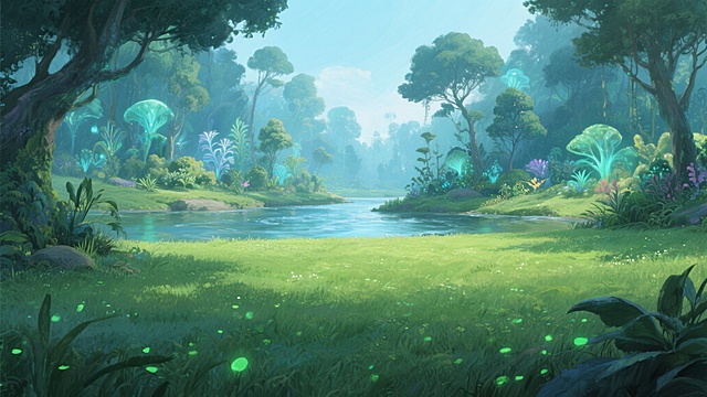 梦幻插画风，清新虚拟自然，超现实主义森林，光影交织，营造神秘氛围。