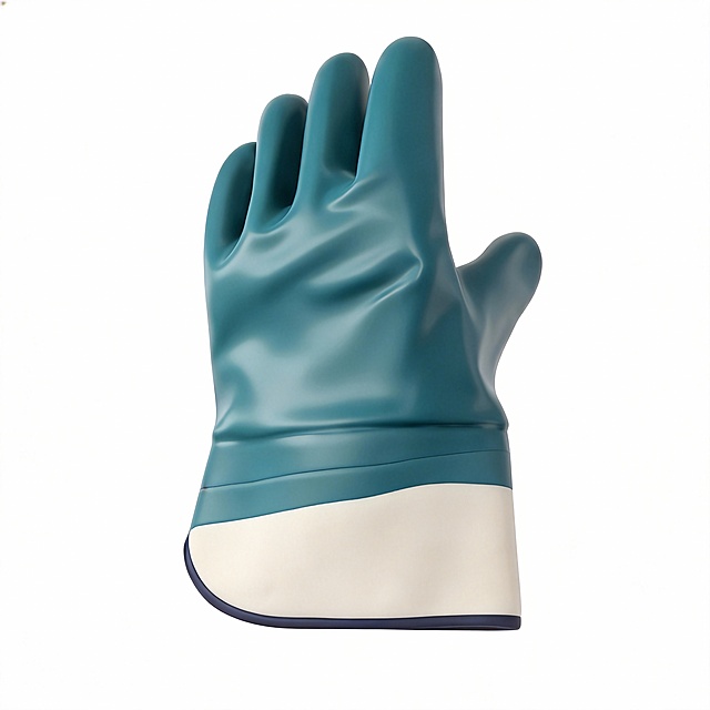 对工作手套进行专业产品摄影修饰。均匀地消除刺眼、不规则的光线，消除镜面高光，使其呈现出柔和的哑光效果。软化指关节和手掌周围的深层折痕，但保持自然折叠。增强材料质感，清洁任何斑点，在纯白色背景上呈现出如新但真实的工作手套。超现实，8K 细节