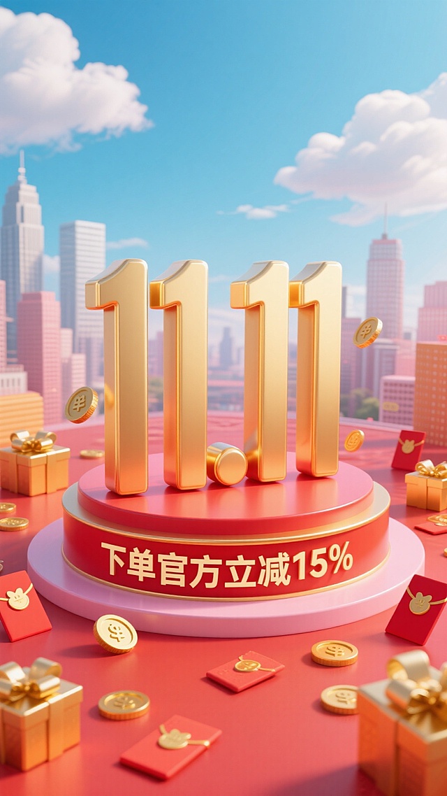 巨大的金色 “11.11” 立体数字立在带有红色装饰的圆形展台上，展台上有字“下单官方立减15% ”周围有金色礼盒，点缀红包、金币等元素，背景天空、云朵，城市建筑群在后方若隐若现，大量红色搭配粉、橙、蓝为主色调，红色地面，促销氛围