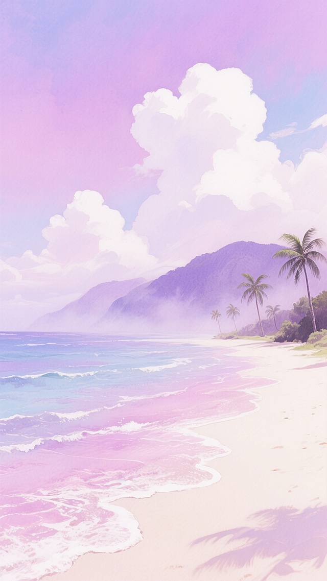 梦幻水彩风格的海边风景，画面以柔和的粉紫色调为主，天空呈现渐变的粉紫与淡蓝交融，点缀着蓬松的白色云朵，海面泛着粉紫与浅蓝的粼粼波光，浪花轻柔地拍打在米白色的沙滩上，岸边点缀着几棵造型优雅的椰子树，远处的山峦被朦胧的紫色雾气笼罩，整体氛围浪漫而宁静，光影柔和，笔触湿润晕染，展现出梦幻般的水彩质感。