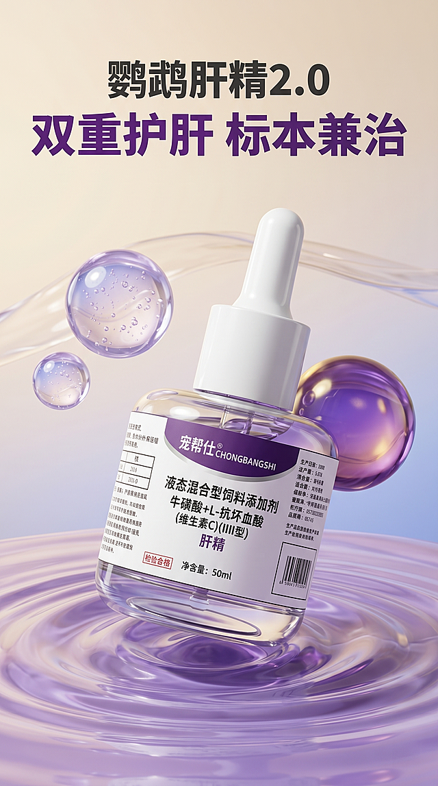 960×1616px 竖版宠物保健品电商详情页卖点图，8K 超高清分辨率，300DPI 印刷级精度，矢量级清晰锐利的文字边缘，无噪点、无畸变、无模糊糊边，真实商业摄影质感 + 3D 分子特效结合的宠物保健品详情页风格，全局柔光均匀自然，产品与分子质感真实细腻，带轻微柔和的自然投影，无硬阴影、无过曝反光，完美复刻参考图版式逻辑、排版结构零偏差还原；背景为渐变浅米色到蓝紫色，带有透明营养液波纹效果，整体氛围温暖清新，突出成分的天然质感；主文字色：#333333（深灰色）；强调色：#7B2CBF（深紫罗兰色）；液体色：浅紫色（牛磺酸）+ 深紫色（维生素 C）；整体色调以暖米色为基底，搭配深浅紫色，与产品包装色彩 100% 匹配，突出双效成分的天然、鲜活质感。排版与元素布局（像素级对齐）：顶部主标题区：画面最上方居中，两行文字排版：第一行为超大号加粗深灰色黑体主标题「鹦鹉肝精 2.0」，第二行为超大号加粗深紫罗兰色黑体副标题「双重护肝 标本兼治」，其中「双重护肝」字号最大，是整个画面的视觉核心，直击普通护肝产品只能治标、肝损反复、无法修复肝细胞的核心痛点；核心产品展示区：画面正中央，使用用户上传的产品图（宠帮仕鹦鹉专用肝精滴管瓶），产品呈 45 度倾斜角度摆放，白色滴管头朝上，透明瓶身清晰可见内部液体；分子特效区：产品左侧：两个大小不一的透明浅紫色牛磺酸分子球，分子球通透有光泽，内部带有细腻的气泡纹理；产品右侧：一个更大的透明深紫色维生素 C 分子球，分子球饱满立体，带有自然的金色高光；产品底部：大面积的浅紫渐变深紫色营养液波纹，营养液质感粘稠真实，带有自然的反光与涟漪效果，产品下半部分浸入营养液中，增强画面的沉浸感；整体风格科技感与天然质感兼具，通过牛磺酸 + 维生素 C 双特效直观展示产品双重成分，突出标本兼治的核心卖点。负面提示词：产品变形、滴管头缺失、瓶身质感失真、分子质感浑浊、纹理错误、硬阴影、暗角、过曝、文字模糊错乱、文字重叠、字体变形、色彩偏色（偏绿 / 偏橙 / 偏红 / 偏蓝）、卡通手绘风格、多余杂物、噪点颗粒感、水印、二维码、画面畸变、元素错位、背景杂乱纹理、油滴入镜、益生菌入镜、草本元素入镜、粉状产品入镜、单一成分特效。