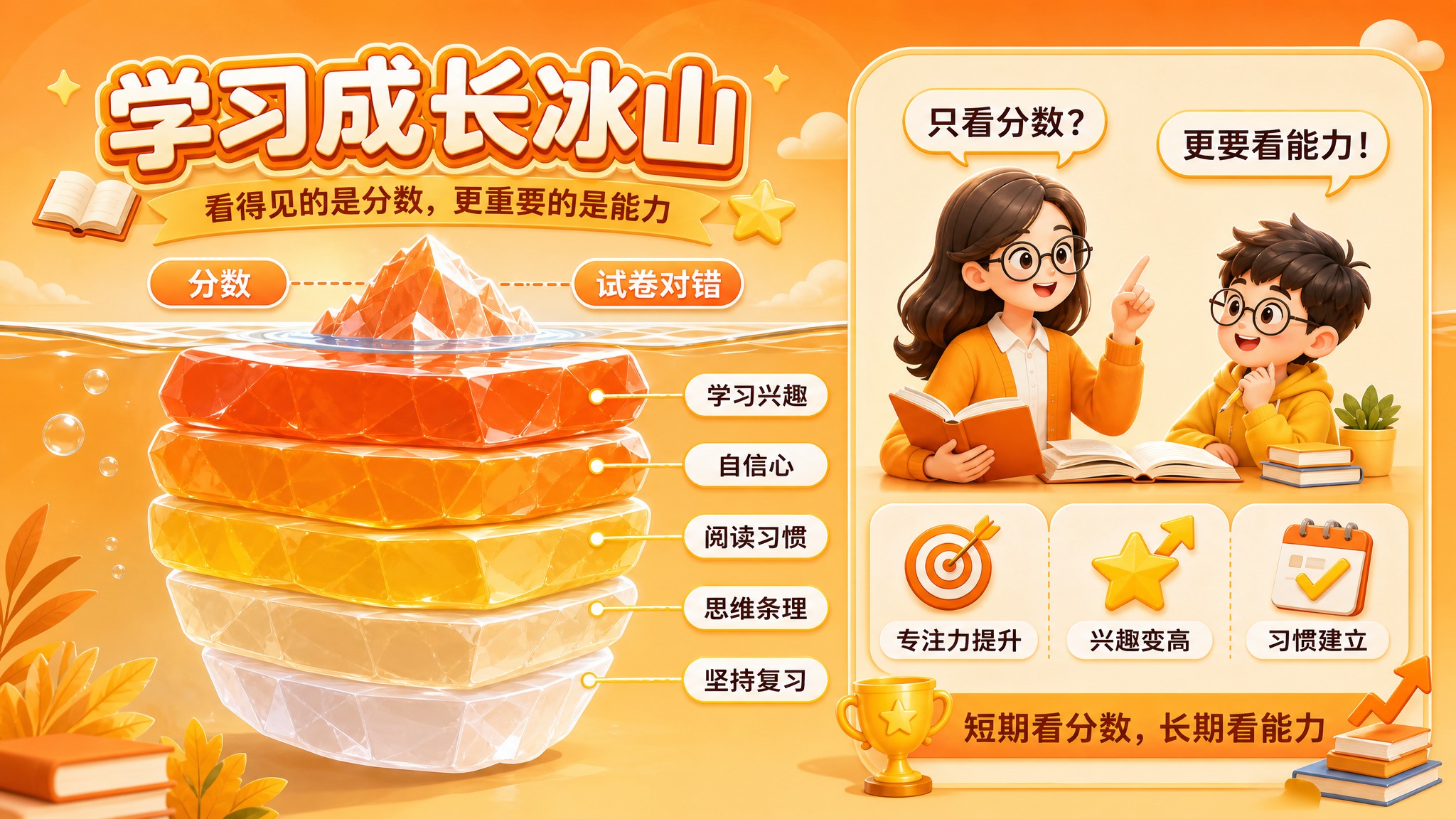 成长教育冰山信息图，横版16:9，文案内容与上一版一致，暖橙+… - 图片创意预览