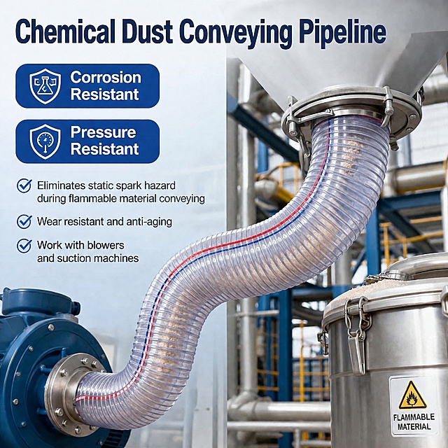 [Main Image 4] Application scenario: Chemical Dust Conveying Pipeline. Show this anti-static PVC hose connected to industrial dust conveying equipment in a chemical industry workshop, conveying chemical dust. Main title at top: "Chemical Dust Conveying Pipeline", two selling points labels on left: "Corrosion Resistant" "Pressure Resistant". Highlight that the pipe eliminates static spark hazard during flammable material conveying, wear resistant and anti-aging, can work with blowers and suction machines. Keep product appearance consistent with original image, show the flexible bending performance. Light blue low saturation gradient background, industrial commercial photography. 1:1 square ratio, all text in English, 2K high definition, negative prompt: deformation, cluttered text, blurred, watermark