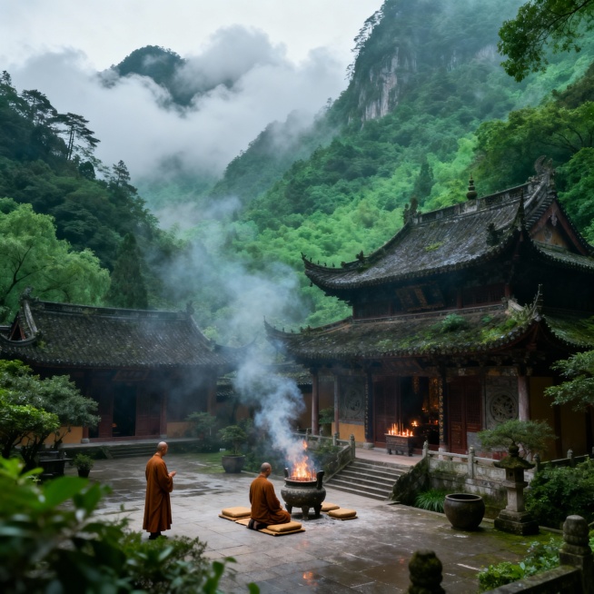 帮我生成云浮市新兴县有关禅文化宣传的风景图，人文图，未来想象图，共5张预览效果