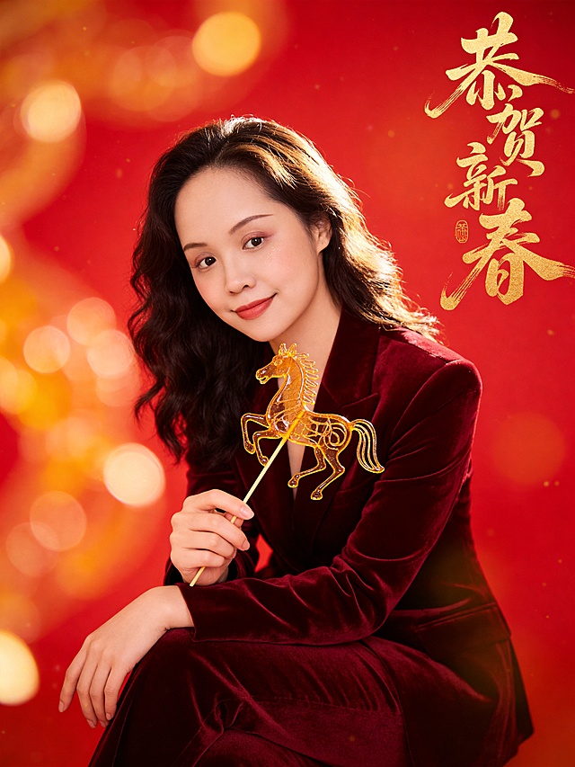 专业人像写真,2026马年新春时尚人像大片,中近景,平视微仰视角,居中对称构图主体:温暖亲和､知性温婉气质,自然大波浪发(发丝微微蓬松带柔和光泽),几缕发丝拂面,微微修饰脸型;白皙细腻通透肤质,清透伪素颜底妆轻薄透亮,暖红色哑光唇妆带绒雾感,唇形饱满;眼妆以浅大地色铺色叠加细闪提亮卧蚕,睫毛自然卷翘,眼神灵动柔和服装:酒红色高级丝绒哑光质感西装,面料带有细腻绒面肌理,在光线下呈现柔和漫反射光泽,剪裁修身利落,肩部线条挺括,裤装垂坠感强姿态:身体微微侧呈自然松弛坐姿,修长手指轻握糖画马竹签(竹签贴近掌心,手指微微弯曲显松弛感),手肘自然搭在右侧膝上,另一只手优雅搭于左膝,身体微向前倾,嘴角微微上扬(温暖治愈),眼神直视镜头,头部微侧带灵动氛围感,整体姿态兼具亲和力与高级感道具:手持传统中式糖画马道具,糖料为琥珀色半透明麦芽糖材质,马身布满镂空花卉纹与卷草纹,昂首行走姿态(前腿抬起､后腿蹬地),糖料表面带有温润光泽,底部贯穿细长原木色竹签背景:正红色渐变柔光背景布(从深红到浅红自然过渡),叠加动态金色散景光斑(模拟节日烟火星光效果),背景干净无纹理光线:柔和暖调主光(正面略侧45°,光比1:1.2),用柔光箱柔化面部光影,消除硬阴影;轻微逆光勾勒发丝边缘,形成细腻金色轮廓光;背景氛围光营造层次丰富的散景光斑,增强空间感画质:32K超高清分辨率,清晰呈现丝绒面料肌理､皮肤通透质感与糖画马的镂空细节滤镜:暖色调高饱和滤镜,强化红金色彩层次,保留肤色自然质感,叠加轻微胶片颗粒感(ISO400)提升复古高级感;文字字体和版式参考第二张图:右上角添加金色狂放张扬错落感的竖版版式手写书法字体“恭贺新春”(笔触饱满有力,中式感红色印章点缀),热烈喜庆的新春氛围,融合传统糖画工艺与现代时尚西装的碰撞感,既具年味又显高级质感。