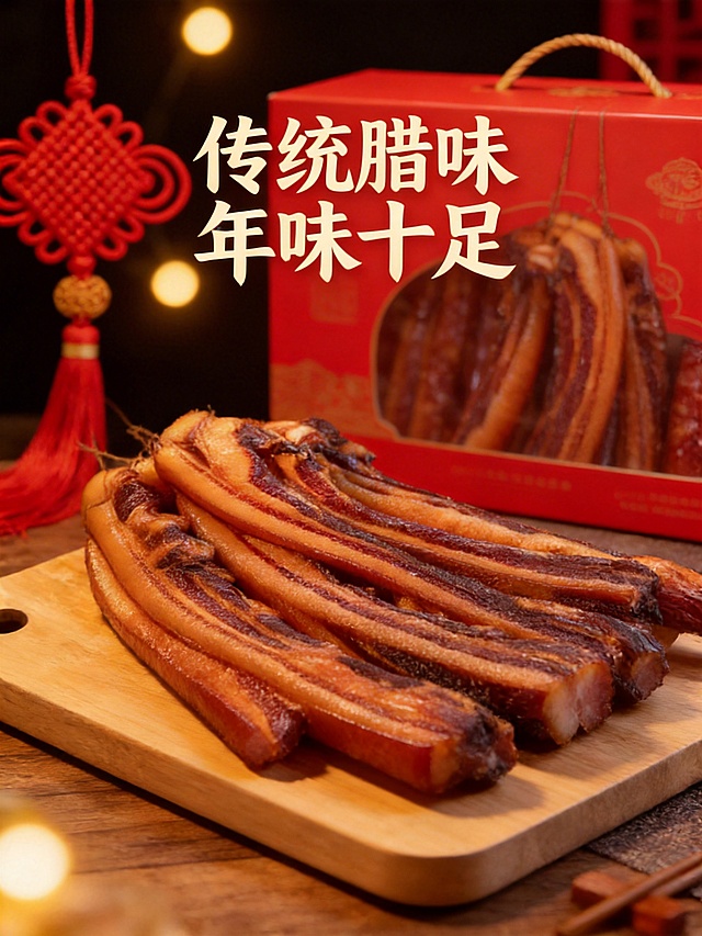 以这张广式腊肉为主体，制作高级有食欲的电商主图，添加卖点“传统腊味 年味十足”，用温暖的节日灯光烘托氛围，背景搭配红色中国结和腊味礼盒，打造浓厚的节日气息