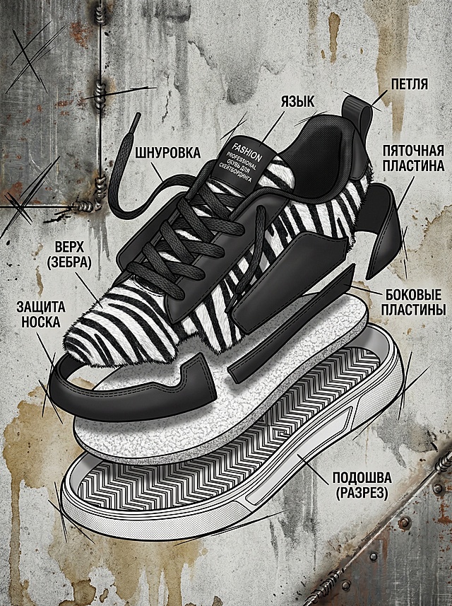 Technical illustration with a grunge aesthetic, exploded isometric view of a zebra-pattern sneaker on a background of weathered metal or stained concrete. The shoe is deconstructed into its raw, functional components: 1. The fuzzy zebra-pelt inspired fabric upper, shown with a texture detail revealing its depth, 2. The rugged black leather armor pieces (toe cap, quarter, heel counter) floating like protective plates, 3. The utilitarian flat black woven lace, 4. The branded tongue with “FASHION PROFESSIONAL SKATE SHOES” and the functional heel pull tab, 5. The durable white rubber sole unit, with a cross-section exposing the aggressive herringbone tread and shock-absorbing core. Components are linked by bold, irregular lines that look like scratches or weld marks. The style is tough, authentic, and reminiscent of a technical manual for urban gear. --ar 3:4 --style raw，The text in the image is in Russian.