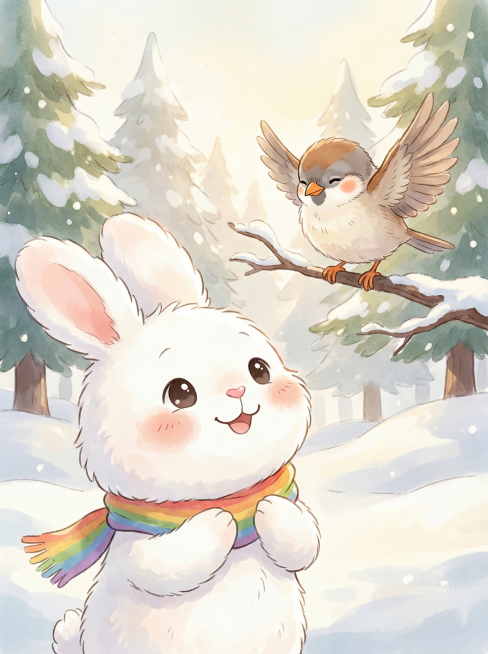 结合图1的白色小兔子和图2的小麻雀，创作16开竖版插画：戴着彩虹围巾的小兔笑着看向小麻雀，表情感激；小麻雀停在旁边树枝上，翅膀微张，神态像是在说不客气；干净雪地森林背景，朋友互动画面温馨治愈，风格保持预览效果
