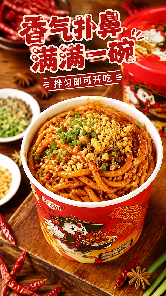 「图片1」，生成详情页，商品名称为辣子鸡拌粉，适配淘宝/天猫平台，单图比例为9:16，需求屏数为10张。要求参考「图片1」“班干部辣子鸡拌面”品牌的详情页风格，做出类似风格的详情页，以下为辣子鸡拌粉的产品图以及实拍图「图片1」「图片1」「图片1」「图片1」「图片1」「图片1」「图片1」