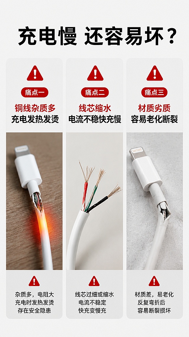[第2屏] 痛点直击-普通充电线使用痛点展示。无需放入产品图。
[氛围/风格] 写实生活场景风，浅灰背景，对比清晰的痛点表达，专业电商设计。
[元素布局] 分三栏展示三个痛点，每栏配示意图和文字，顶部大标题，整体分区干净，信息层级清晰。
[光影质感] 均匀柔和室内光，整体清晰明亮，文字对比度足够。
[配色色系] 全局底色 #f5f5f5，主色浅灰，标题黑色，痛点提示红色。
[视角构图] 排版式构图，从上到下依次阅读。
[文字版式] 主标题「充电慢 还容易坏？」，痛点一「铜线杂质多 充电发热发烫」，痛点二「线芯缩水 电流不稳快充慢」，痛点三「材质劣质 容易老化断裂」，每点配简单警示图标，文字清晰。
[比例分辨率] 9:16竖版，4K分辨率，文字清晰可辨，高清画质。
[负向提示词] 文字过小，文字错乱，图案变形，水印，极端负面表达。