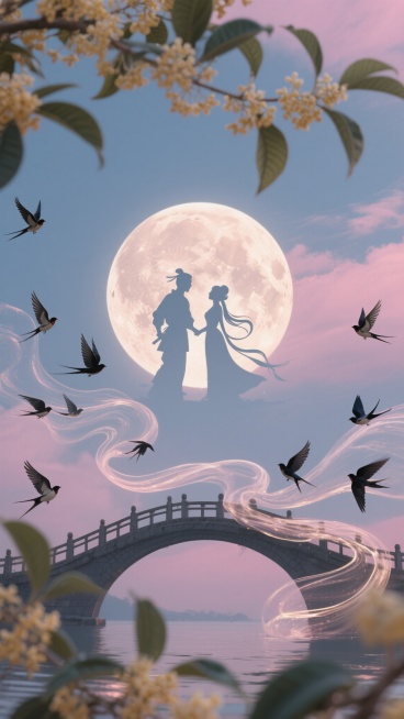 淡粉天空像糖霜，牛郎织女剪影映在桂花月影里，百鸟振翅化成流动的鹊桥预览效果