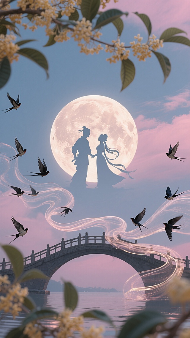 淡粉天空像糖霜，牛郎织女剪影映在桂花月影里，百鸟振翅化成流动的鹊桥