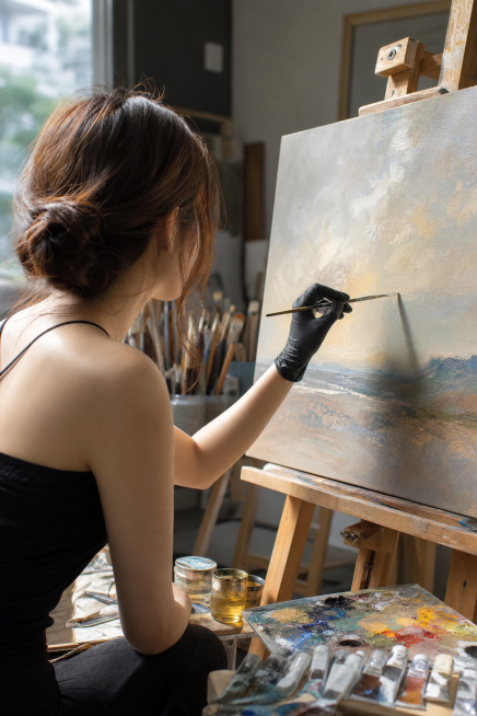 一位美女戴着黑色丁腈手套画画，美女不露脸，高清写实风格，画室创作场景，画面清晰自然预览效果
