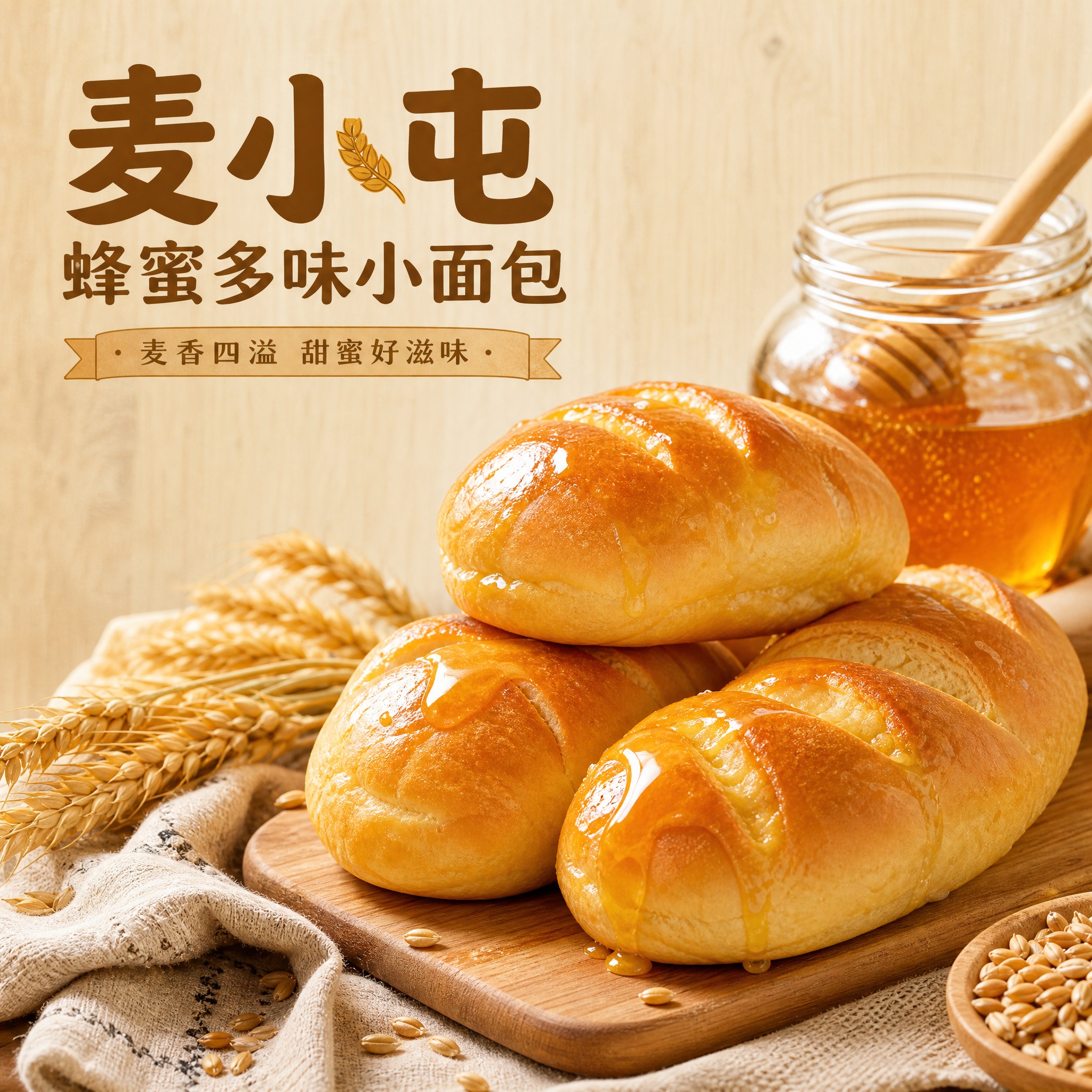 麦小屯蜂蜜多味小面包店铺头像，写真风格，画面中央是几块刚出炉的… - 图片创意预览