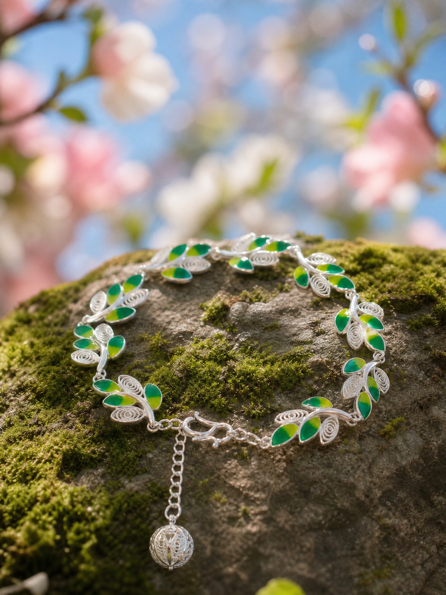 A silver leaf bracelet with gre… - 图片创意预览