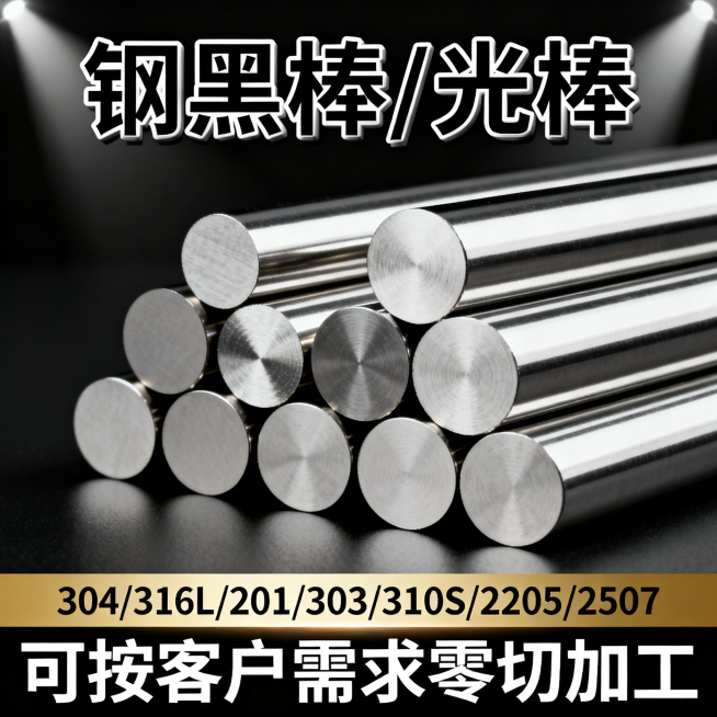 淘宝电商主图，采用强烈明暗对比光影，突出不锈钢黑棒/光棒的金属质感，画面顶部用加粗立体黑字呈现"钢黑棒/光棒"，中间区域放大展示不同直径的不锈钢棒堆叠效果，底部用金色渐变栏标注"304/316L/20预览效果