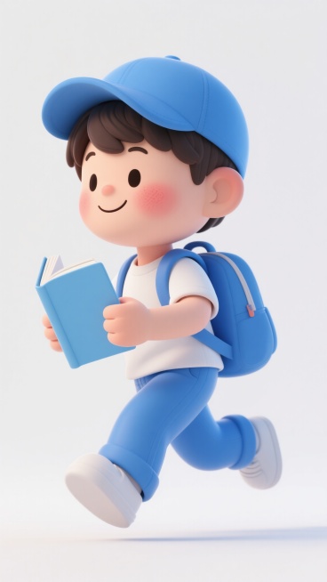 白色背景，一个戴着蓝色棒球帽、穿着白色短袖和蓝色长裤的卡通男孩，背着双肩包，手里拿着书本，正迈开双腿向前奔跑，脸上带着微笑，脸颊有红晕，整体造型圆润可爱，色彩明快，光影柔和，细节丰富，充满活力预览效果