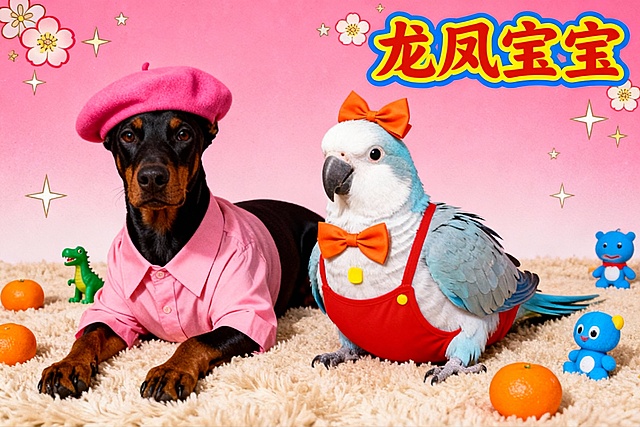 70年代影楼风格写真，微噪点感，两只拟人化装扮的宠物趴在米色毛绒地毯上：左边为宠物参考图1，戴粉色贝雷帽，穿同色系衬衫，眼神呆萌；右边为宠物参考图2，戴橘色蝴蝶结，穿红色包屁衣（胸口有黄色小装饰），表情懵懂。背景是粉色渐变基底搭配花朵、星星等装饰元素，右上角有红黄蓝渐变的中式“龙凤宝宝”艺术字。地毯上散落着橙色橘子摆件、绿色小恐龙玩具、蓝色卡通玩偶，整体色彩饱和度极高，画风甜腻喜庆，呈现出“土甜可爱”的怀旧喜庆氛围。
