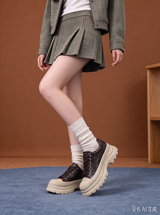请将参考图1的【深棕色厚底松糕休闲鞋】1:1还原其形态、颜色、材质、细节纹理、五金件等所有细节，完全替换参考图3模特脚上的原有鞋子，穿在参考图3模特的脚上；完全保持参考图3模特的身姿、面部、发型、气质、动作姿态不变（含手部位置、朝向、重心、肩线）；模特身上鞋子以外的部位（基础服装、袜子、其他配饰）严格保持参考图3原样；画面背景、光影、构图严格保持参考图3原样，不做改写。鞋子左右成对一致，鞋面纹理、鞋带、鞋口贴合脚踝，鞋底与地面接触自然，脚部结构标准、脚踝线条自然，商品与人体边界清晰可分、层次分明、接触点自然贴合。画面超高清2K画质，细节丰富清晰。