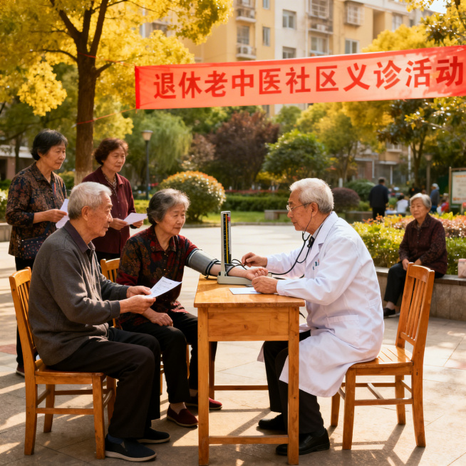 退休老中医社区义诊活动，医生给群众免费测量血压问诊，社区广场温馨场景，和谐氛围预览效果