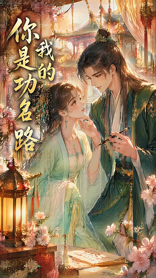 华丽古风漫剧封面，比例9:16，背景为古风华丽场景非纯白色，图中有一男一女两个古装人物，人物之间有互动，画面饱满无留白，无英文，封面添加剧名"你是我的功名路"，整体风格华丽精致，古风插画