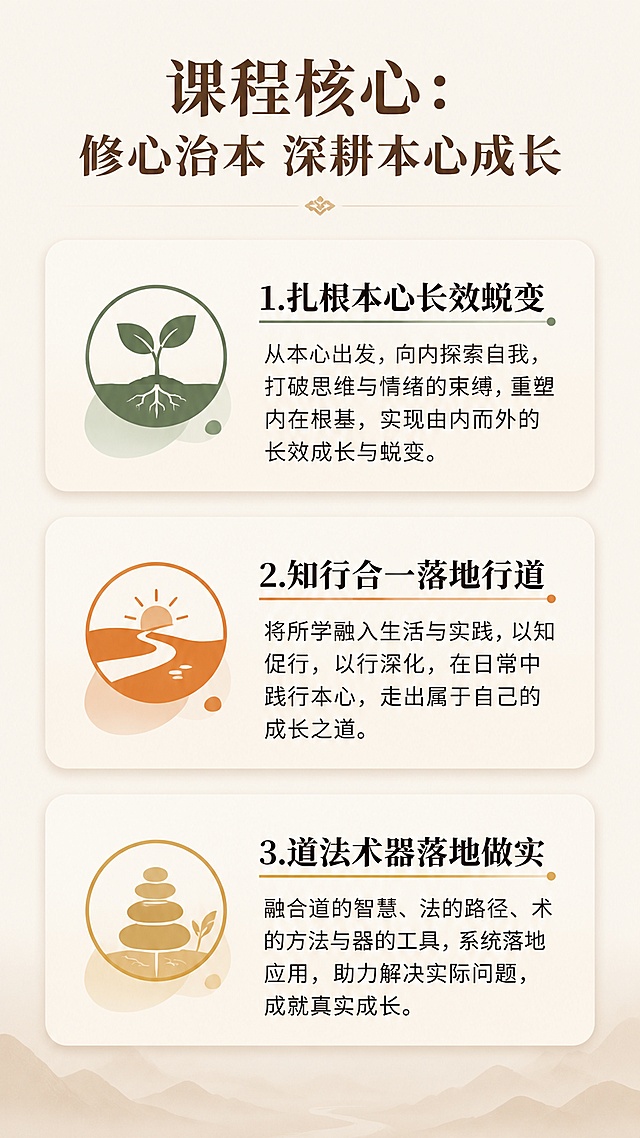 [第7屏] 课程核心优势页，讲解三大设计理念。
[氛围/风格] 简约清晰专业风，低饱和度暖调，模块式排版，干净通透的设计质感。
[元素布局] 顶部大标题，下方三个核心优势卡片纵向排列，每个卡片配专属图标和标题，下方配详细说明文字，卡片之间留足间距，不拥挤不杂乱。
[光影质感] 整体均匀柔光照明，卡片增加浅阴影增加层次感，文字清晰突出。
[配色色系] 全局底色 #f5f1e9，主色暖米色，卡片浅米底色，辅助色分别为茶绿、暖橙、麦黄，文字深棕色。
[视角构图] 从上到下通屏构图，三卡依次排列，阅读动线从上至下清晰流畅。
[文字版式] 主标题「课程核心：修心治本 深耕本心成长」，三个卡片分别介绍：1.扎根本心长效蜕变，2.知行合一落地行道，3.道法术器落地做实，每个卡片标题加粗，说明文字简洁，文字清晰层级分明，手机端可读。
[比例分辨率] 9:16竖版比例，4K分辨率，文字清晰可辨，高清画质。
[负向提示词] 文字错乱，文字过小，排版拥挤，颜色刺眼，水印，变形模糊