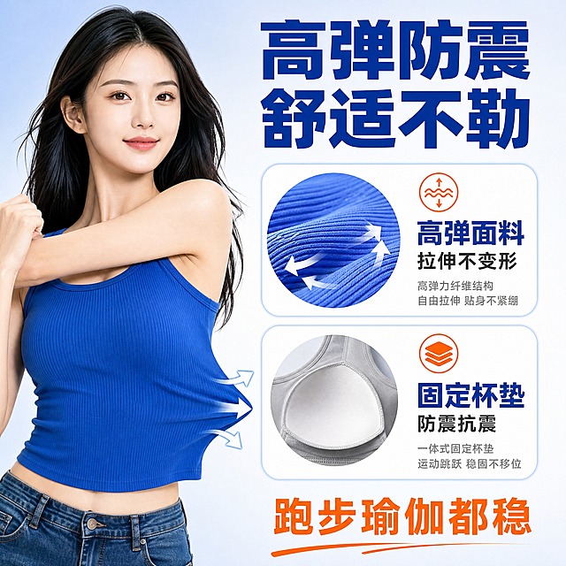 [主图-2] 短款工字背心 功能参数展示图，展示高弹面料和防震抗震特性。
[统一基调] 拼多多风格，大字直白性价比感，运动活力风，背景主色为浅灰蓝渐变到白色，标题字色为深宝蓝色粗体，辅助字色为深灰色，强调色为亮橙色，字体为无衬线粗黑体，卡片为圆角白底浅蓝边，整体年轻有活力。
[画面] 画面左侧为亚洲年轻女模特穿着宝蓝色短款工字背心的上半身近景，模特做扩胸运动姿势，展示背心的弹性和贴合度，面料被轻微拉伸的状态清晰可见，竖条纹理质感明显。画面右侧为信息展示区，有面料微距特写圆形图，展示高弹面料纤维结构；还有杯垫结构示意图，展示固定杯垫的防震设计。模特占画面约50%，信息区占右侧50%，自然融合不生硬切割。
[光影质感] 商业摄影质感，柔和均匀的棚拍光线，面料细节清晰，微距图有真实的材质纹理和光影，立体感强。
[配色] 浅灰蓝到白色渐变背景，产品宝蓝色，标题深宝蓝色，强调色橙色，整体清爽运动感。
[文字版式] 顶部大标题"高弹防震 舒适不勒"深宝蓝色粗黑体；下方分两个信息块，第一个配面料图标和文字"高弹面料 拉伸不变形"，第二个配杯垫图标和文字"固定杯垫 防震抗震"；每个信息块都有大号关键词+小号说明；底部小字"跑步瑜伽都稳"橙色。文字排版整齐，不遮挡产品关键部位。
[输出要求] 1:1正方形比例，文字清晰锐利，面料细节清晰，产品不变形，无水印无平台logo，画面干净专业。